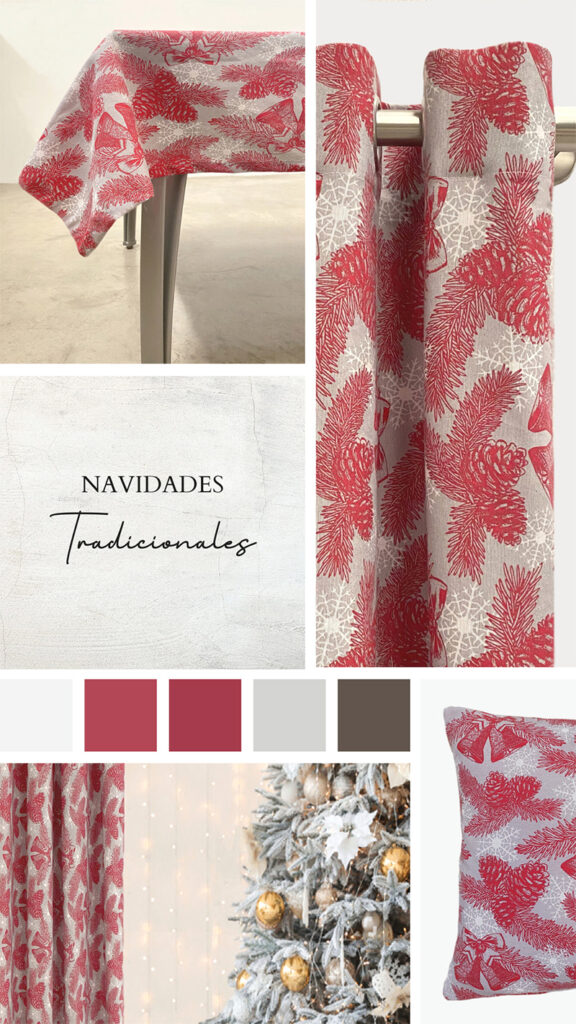 Textiles navideños de hogar rojo y gris en Cortinas Marisol de Alcañiz